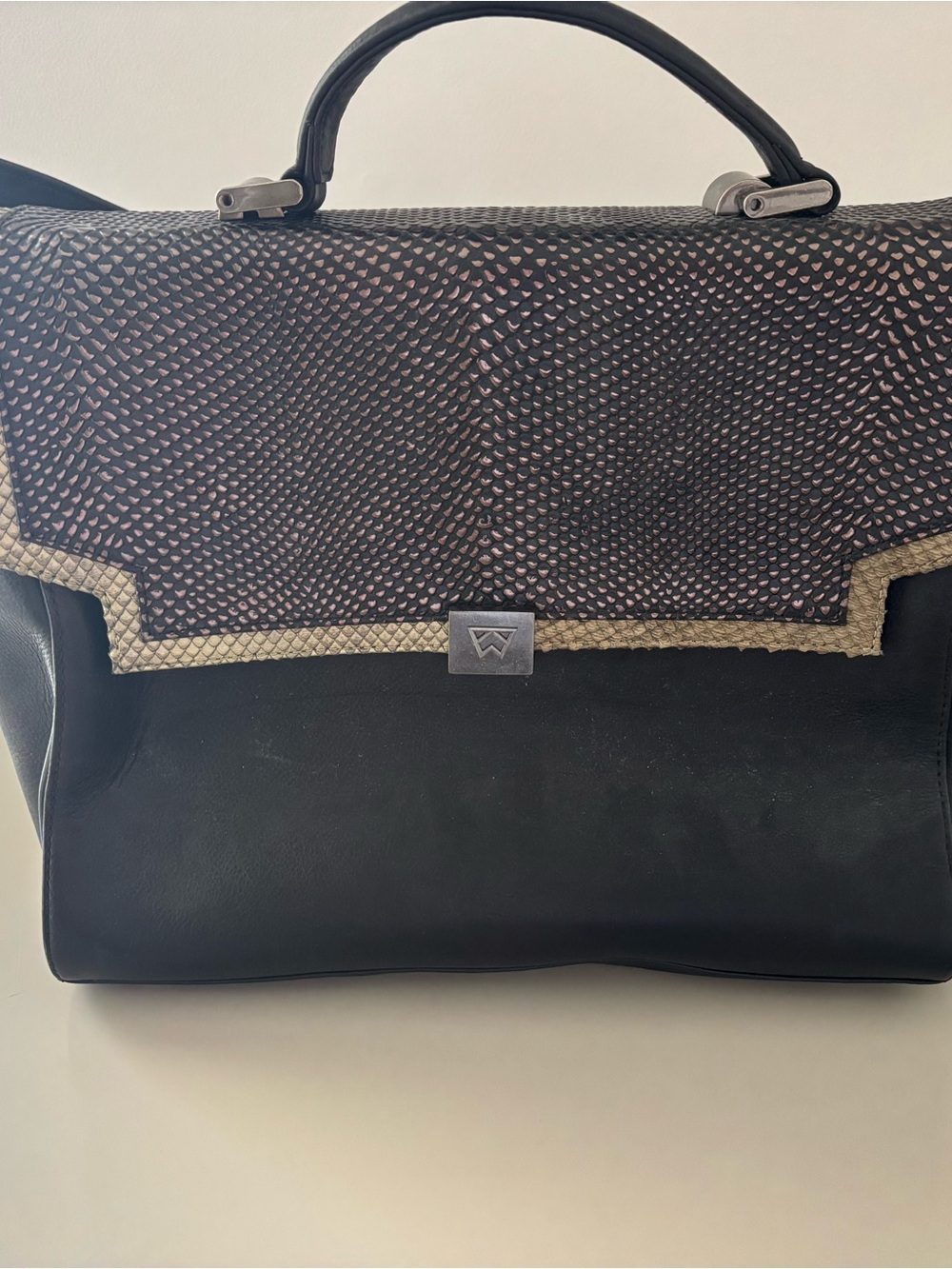 Kelly Wynne Python Black Top-Handle Satchel with Textured Flap -See notes